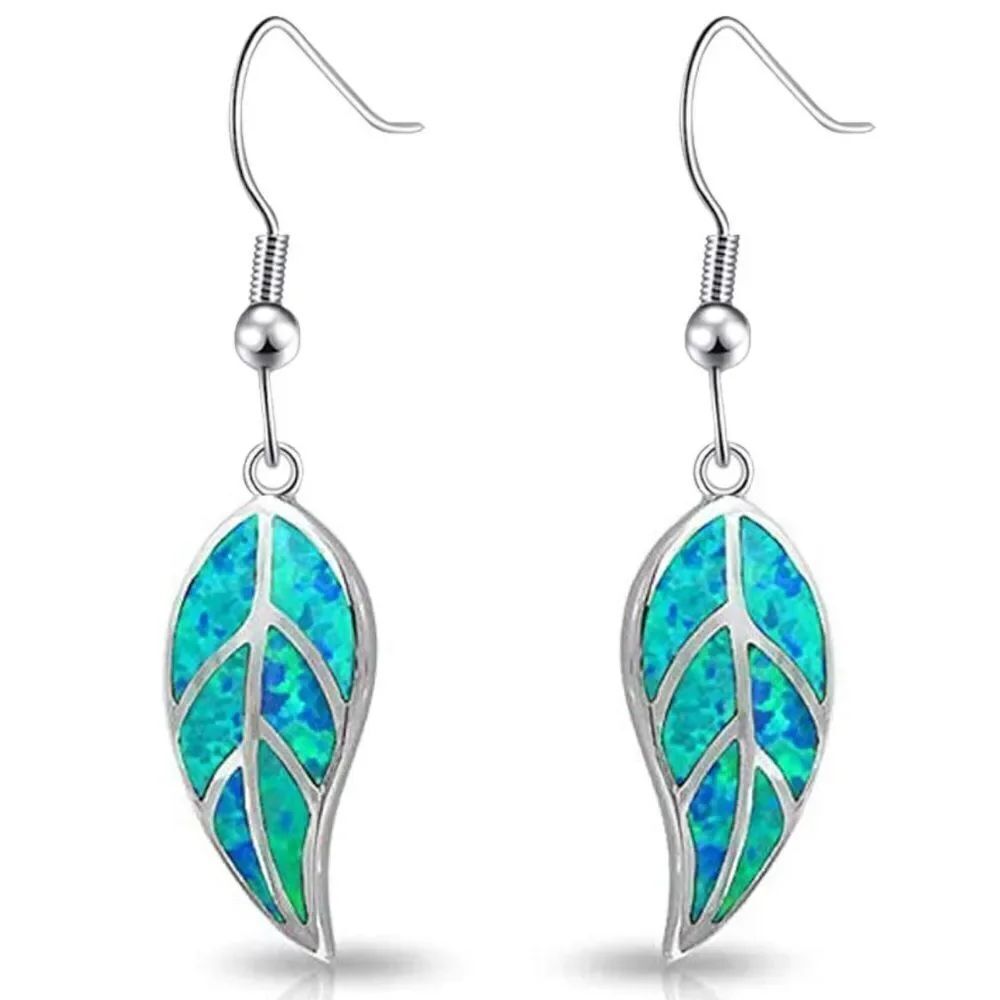 14K White Gold with Genuine Blue Green Fire Opal Leaf Shape Dangle Hook Earrings